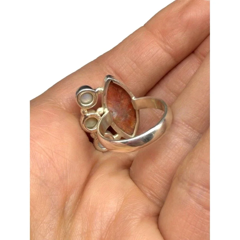 Orange Mohave Turquoise & Freshwater Pearl Ring Size 6.5 925 Sterling Silver